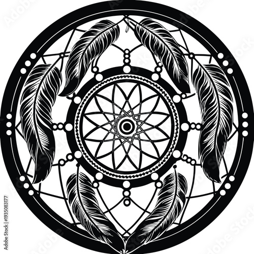 Black and White Dreamcatcher with Feathers and Geometric Web Design