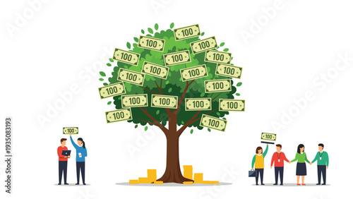 Concept of financial growth showing a green tree with hundred dollar bills as leaves and diverse people gathering around to collect money.