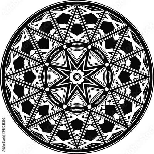 Black and white geometric mandala pattern design intricate symmetrical radial design abstract decorative element