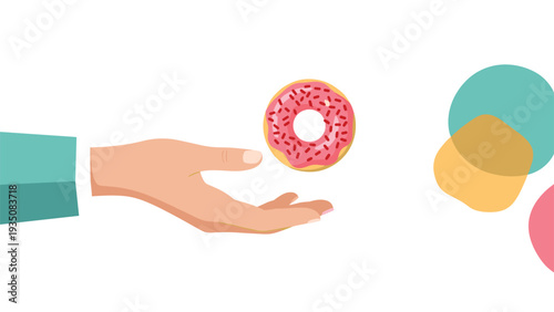 Hand reaching out towards a pink glazed donut with red sprinkles, positioned against an abstract background with colorful circles.