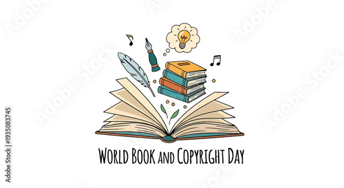 Open Book with Stationery and Decorations.