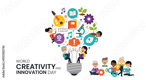 People Surrounding Creative Light Bulb Illustration.