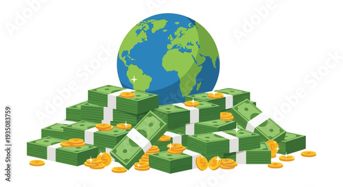 A vibrant illustration depicts money stacked high with a globe above symbolizing global finance and wealth silhouette high quality professional detailed
