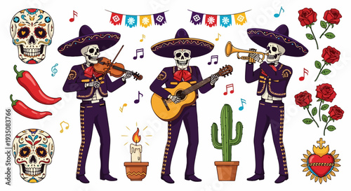 Day of the Dead Mariachi Skeletons Playing Music with Mexican Cultural Elements Illustration Set