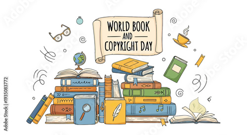 Stack of Books with Banner and Stationery.