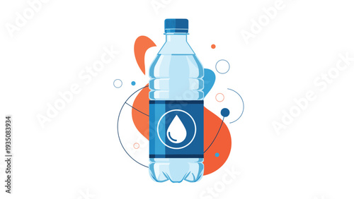Plastic water bottle with a blue label and cap shown in a flat illustration style against a backdrop of colorful abstract shapes.
