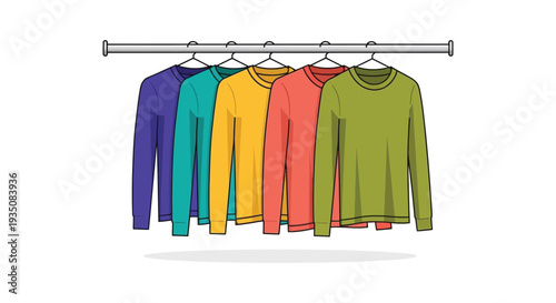 A colorful array of long sleeved shirts hangs on a metal rack depicted in a flat graphic silhouette high quality professional detailed