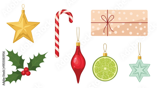 Assortment of Christmas holiday decorations including a star, candy cane, ornaments, lime slice, and holly berries on a white background.