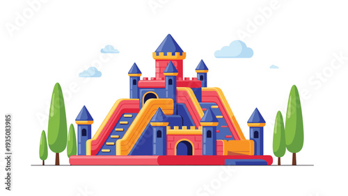 Large colorful inflatable bouncy castle slide for children's play area with blue turrets and yellow stairs on a white background.