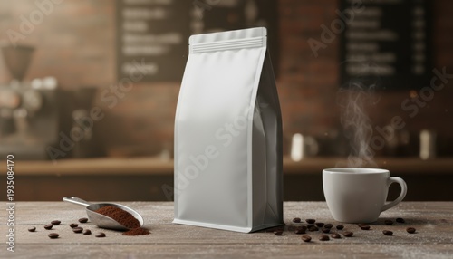 Coffee packaging with beans and steaming cup on wooden table