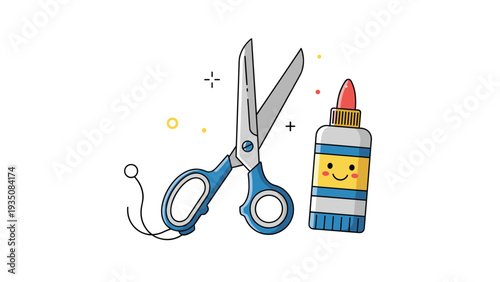 Essential school or craft supplies featuring a pair of blue scissors and a cute smiling glue bottle on a white background.