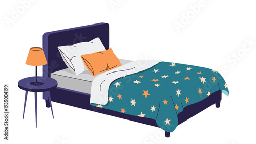 Cozy bedroom scene with a dark purple bed frame white and orange pillows and a starry blue blanket next to a bedside lamp.