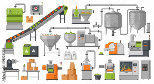 Industrial Food Processing and Production Line Machines Illustration Set