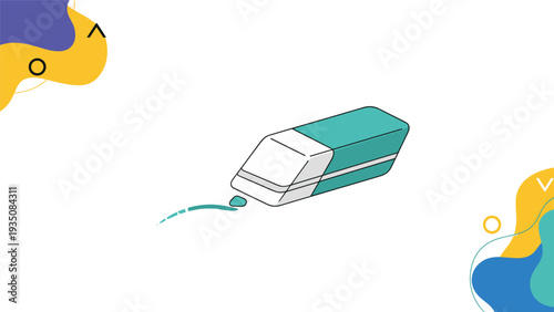 Blue and white rubber eraser removing a mark on a white background decorated with abstract geometric shapes and colors.