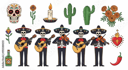 Day of the Dead Mariachi Band and Sugar Skull Icon Set Vector