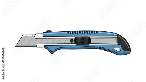 Professional blue utility knife with a sharp retractable blade used for cutting various materials in crafts and work.