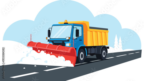Large snow plow truck clearing a snowy road in a winter landscape with mountains and trees under a light blue cloudy sky.