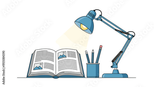 Studious desk setup with a blue adjustable lamp shining light on an open book and a cup of pencils on a white background.