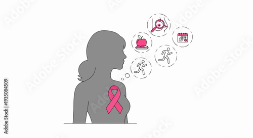 Woman Silhouette with Pink Ribbon and Health Icons Vector Illustration