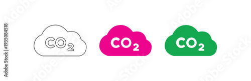 set of three co2 gas cloud icons with different styles and colors representing carbon dioxide emissions and air pollution isolated on white background