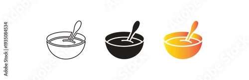 A set of three soup bowl icons in different styles including outline, solid fill, and a colorful gradient fill, isolated on a white background for versatile design use.