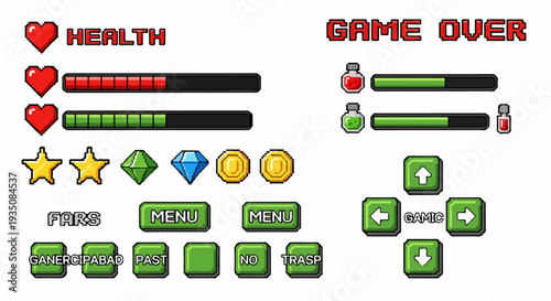Pixel Art Video Game User Interface Elements Set Vector