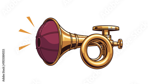 Vintage golden brass horn with a purple bulb emitting sound waves represented by simple orange lines on a white background.