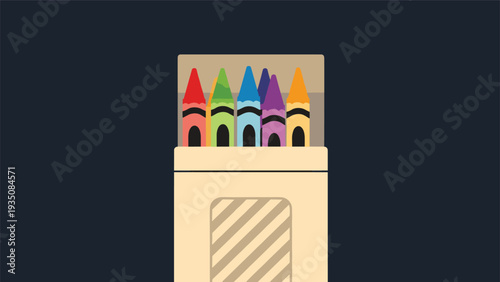 Box of colorful crayons including red green blue and purple colors perfect for art projects and creative kids activities.