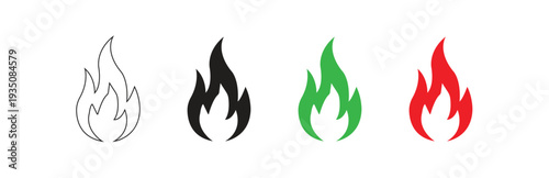 A set of four flame icons including a line art version, black, green, and red solid fill designs for versatile use in various graphic projects.