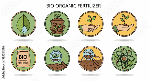 Set of 8 Bio Organic Fertilizer and Plant Care Line Icons Vector
