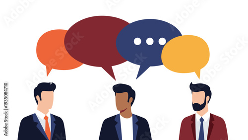 Three diverse men in business attire having a discussion with colorful speech bubbles on a plain white background in vector.
