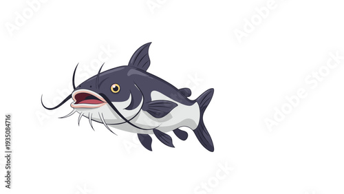 Realistic catfish swimming on a white background showing its long whiskers and detailed fins in a flat vector style.