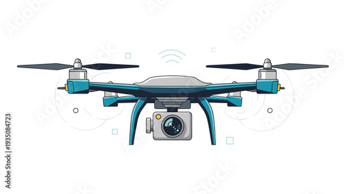 Modern blue and silver camera drone hovering in the air with spinning propellers and signal icons on a white background.