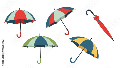 Set of colorful striped and solid umbrellas for rain or sun protection including open and closed versions on a white background.