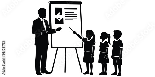 Flat vector illustration of classroom education silhouettes, teacher with flip chart, children learning presentation, interactive school activity design