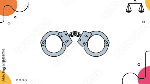 Metal handcuffs on a white background decorated with abstract colorful shapes and a small scale of justice icon in vector.