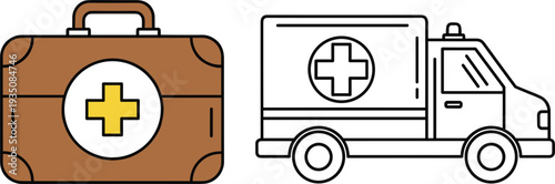 First aid kit and ambulance vehicle medical emergency healthcare service vector illustration design element collection