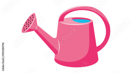 Pink plastic watering can with blue water inside used for gardening and plant care on a clean white background in vector.