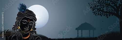 lord krishna elegant line art vector illustration on moon light background