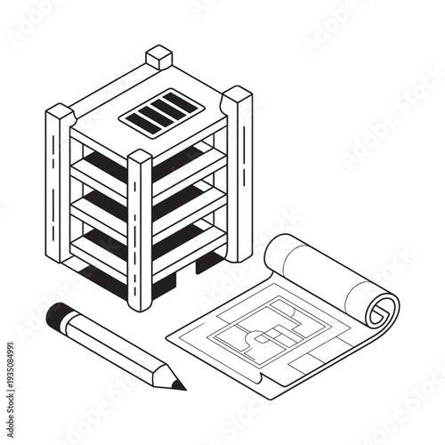 Architectural design illustration featuring a building model plans and drafting tools