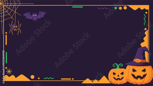 Spooky halloween frame border on a dark background featuring carved pumpkins a bat a spider web and colorful abstract shapes.