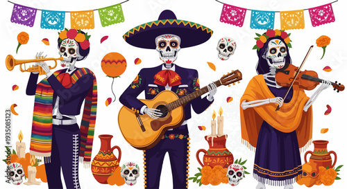 Mexican Day of the Dead mariachi skeletons, Dia de los Muertos musicians with guitar and trumpet, festive calavera characters for holiday celebration