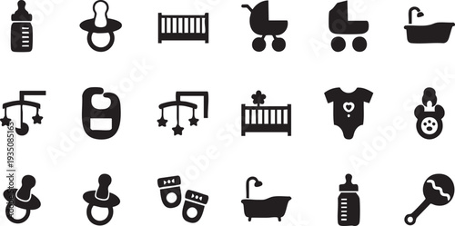 Black and white baby care on white background pacifier bottle