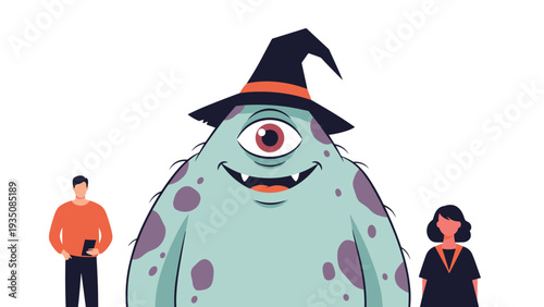 Friendly green one-eyed monster wearing a witch hat standing between two human characters on a white background in vector.