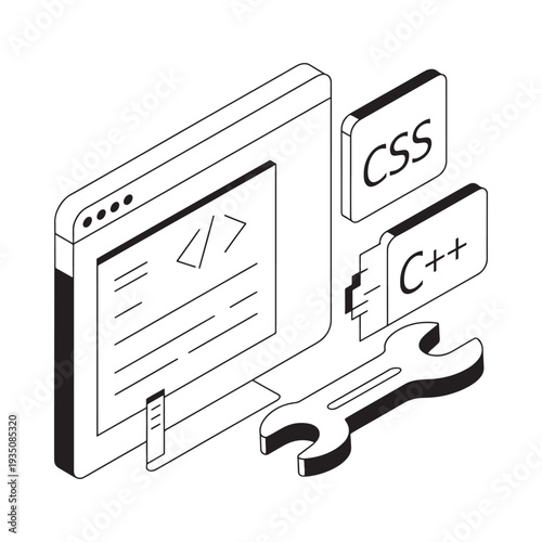 Isometric illustration depicting web development tools css c wrench and monitor