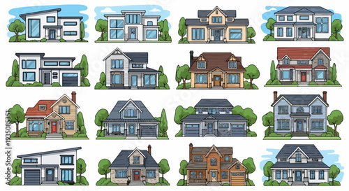 Set of 16 Diverse Residential House Illustrations