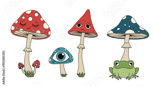 Group of whimsical fantasy mushrooms including one with a large eye and others with sad or sleepy facial expressions.