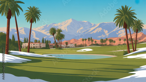 Serene golf course landscape with palm trees snow capped mountains and water hazard in a tropical oasis setting