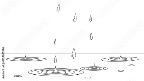 Simple line art illustration of raindrops falling into calm puddles creating concentric circular ripples on the water surface.