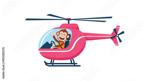Cheerful cartoon monkey waving from the cockpit of a bright pink helicopter flying through the sky with a big smile.